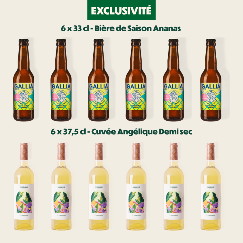 Coffret Rencontre Maison Dalla x Gallia Paris avec 6 bouteilles Angélique et 6 bières Allada x Pantin à l’ananas Pain de Sucre du Bénin